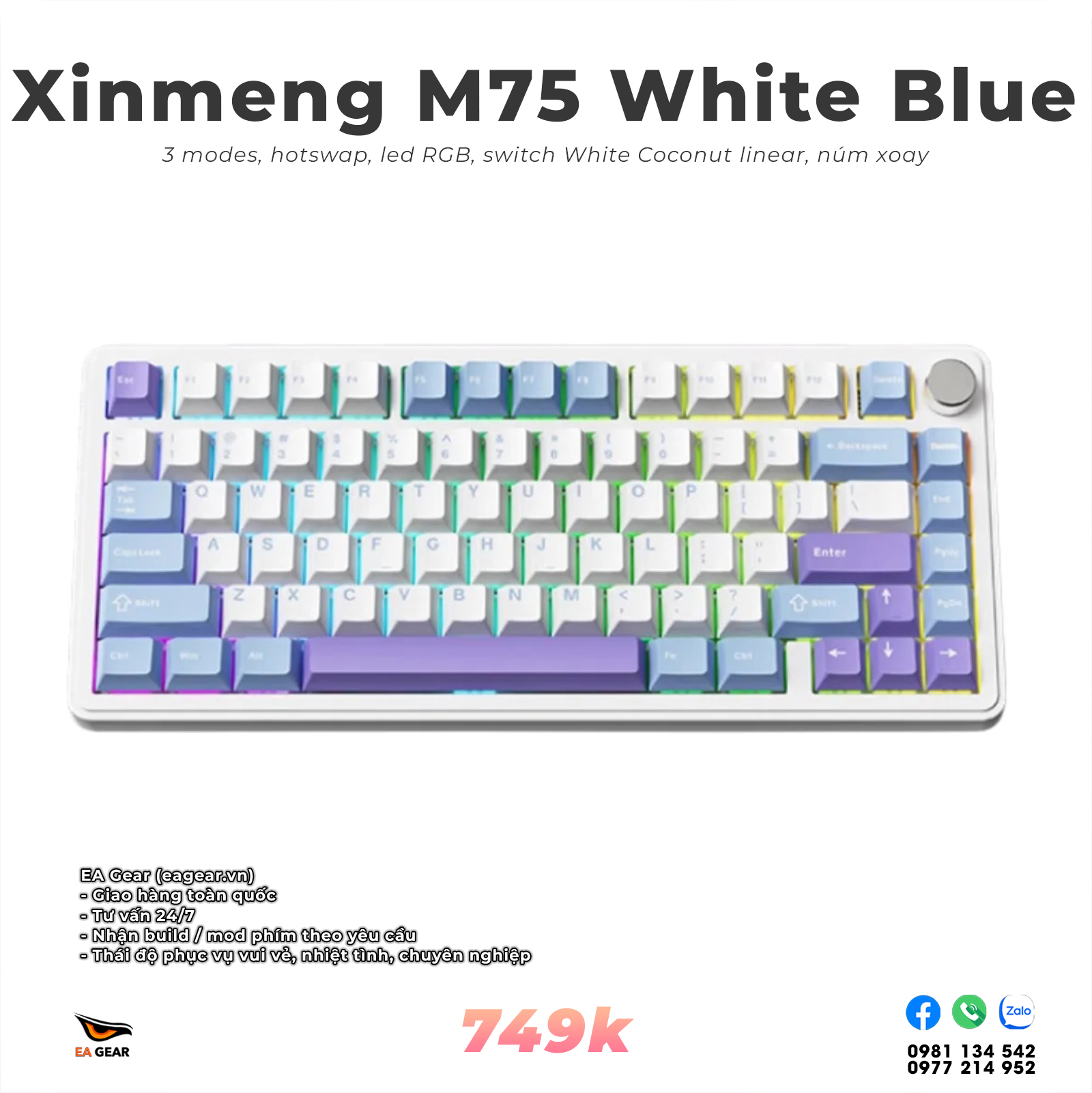 Bàn Phím Cơ Xinmeng M75 3 Mode – Layout 75%, RGB, Hot-swap, Pin 5000mAh - Màu Trắng Xanh