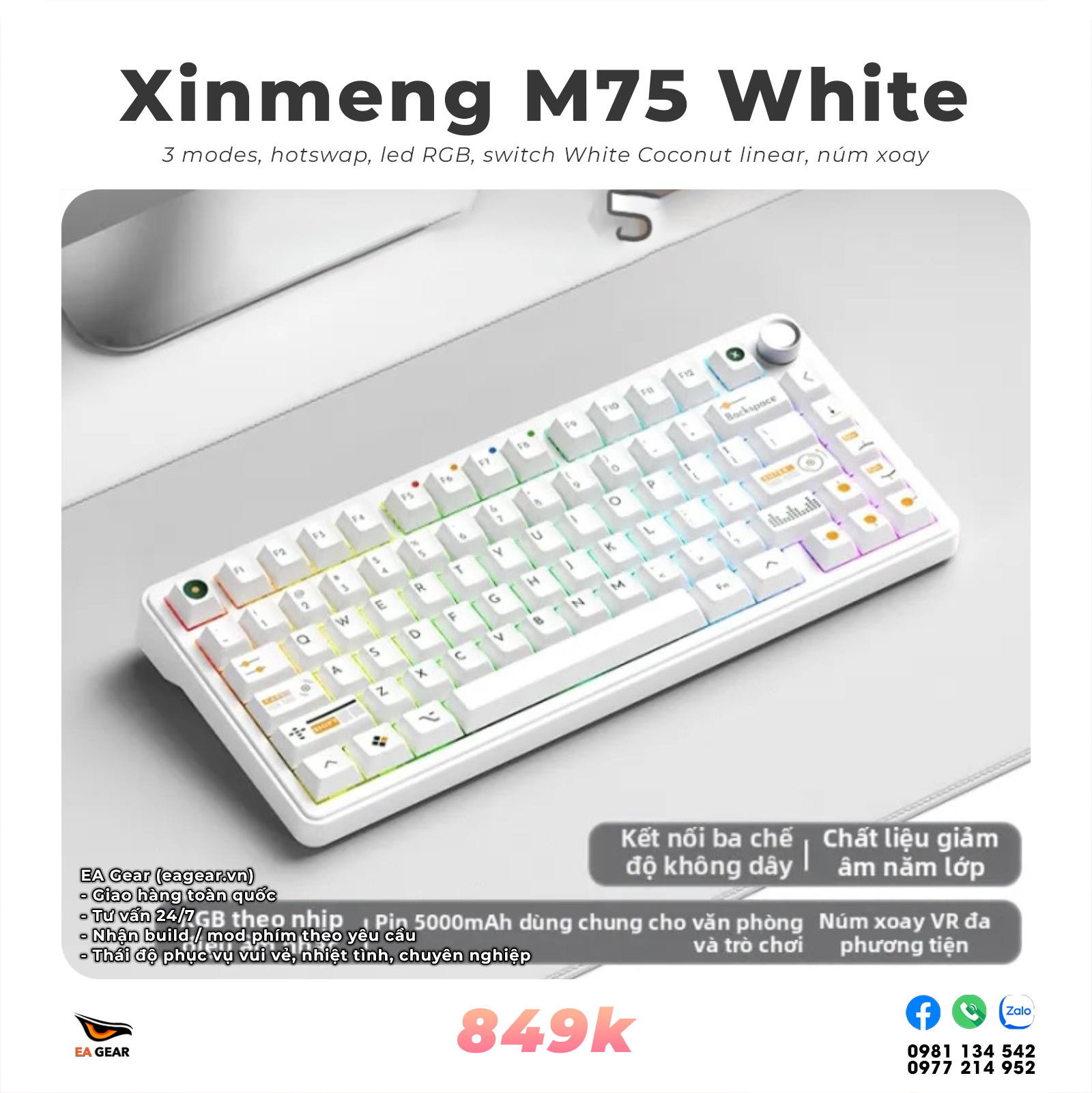 Bàn Phím Cơ Xinmeng M75 3 Mode – Layout 75%, RGB, Hot-swap, Pin 5000mAh - Màu White Custom