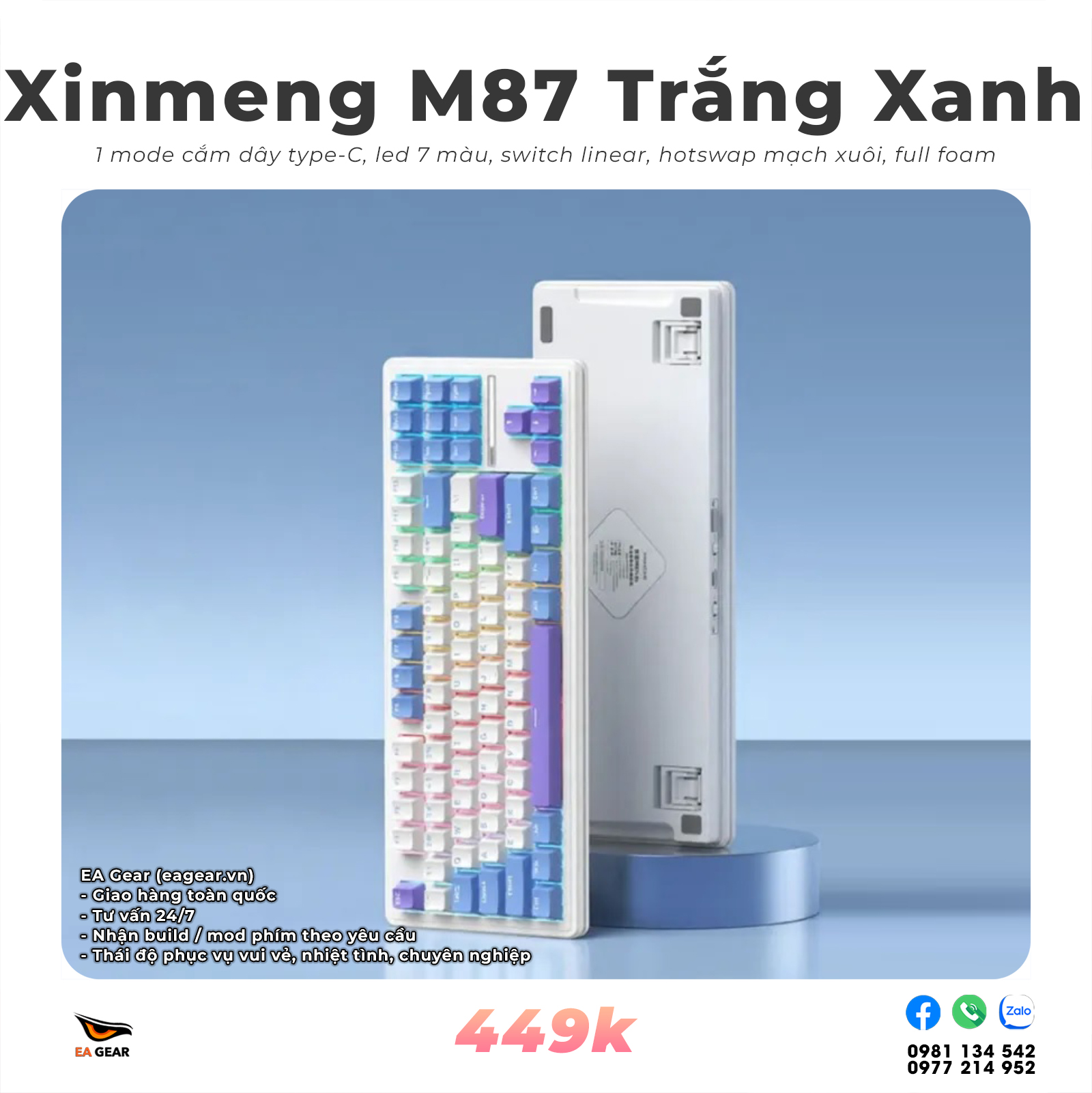 Bàn Phím Cơ Xinmeng M87 1 Mode Cắm Dây – Led Rainbow - Màu Trắng Xanh