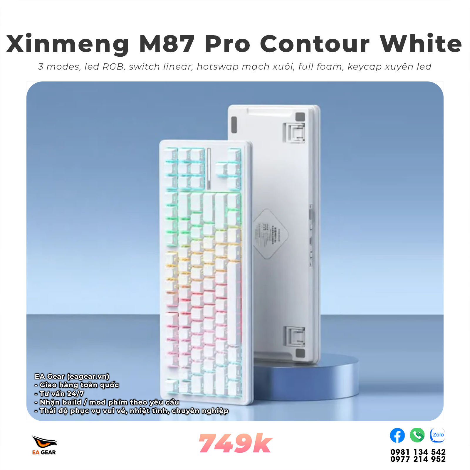 Bàn Phím Cơ Xinmeng M87 Pro V2 3 Mode – Gasket Mount, Hotswap 5 Pin, RGB - Màu Trắng Topo