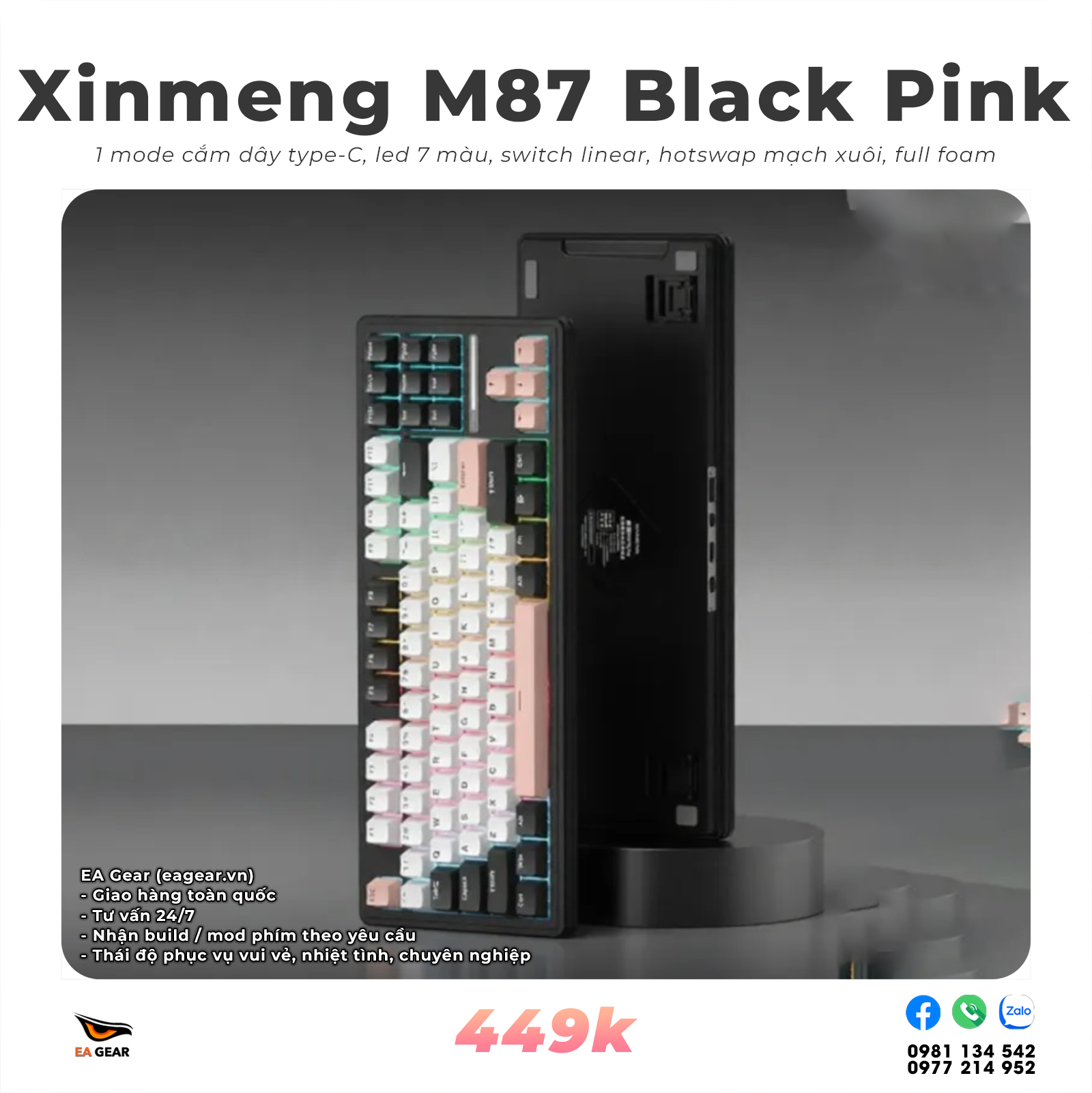Bàn Phím Cơ Xinmeng M87 1 Mode Cắm Dây – Led Rainbow - Màu Đen Hồng