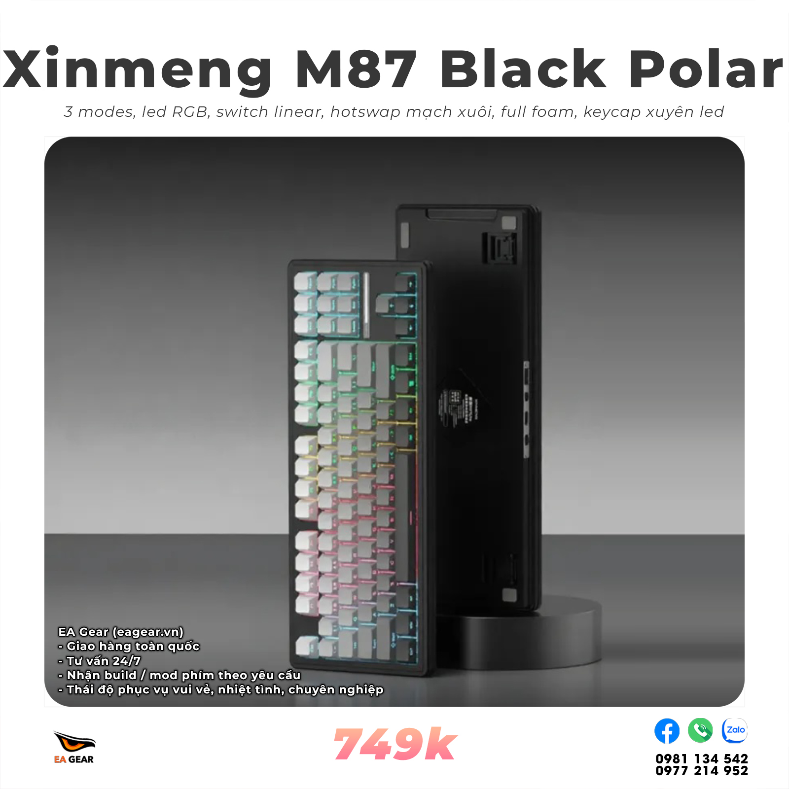 Bàn Phím Cơ Xinmeng M87 Pro V2 3 Mode – Gasket Mount, Hotswap 5 Pin, RGB - Màu Đen Polar