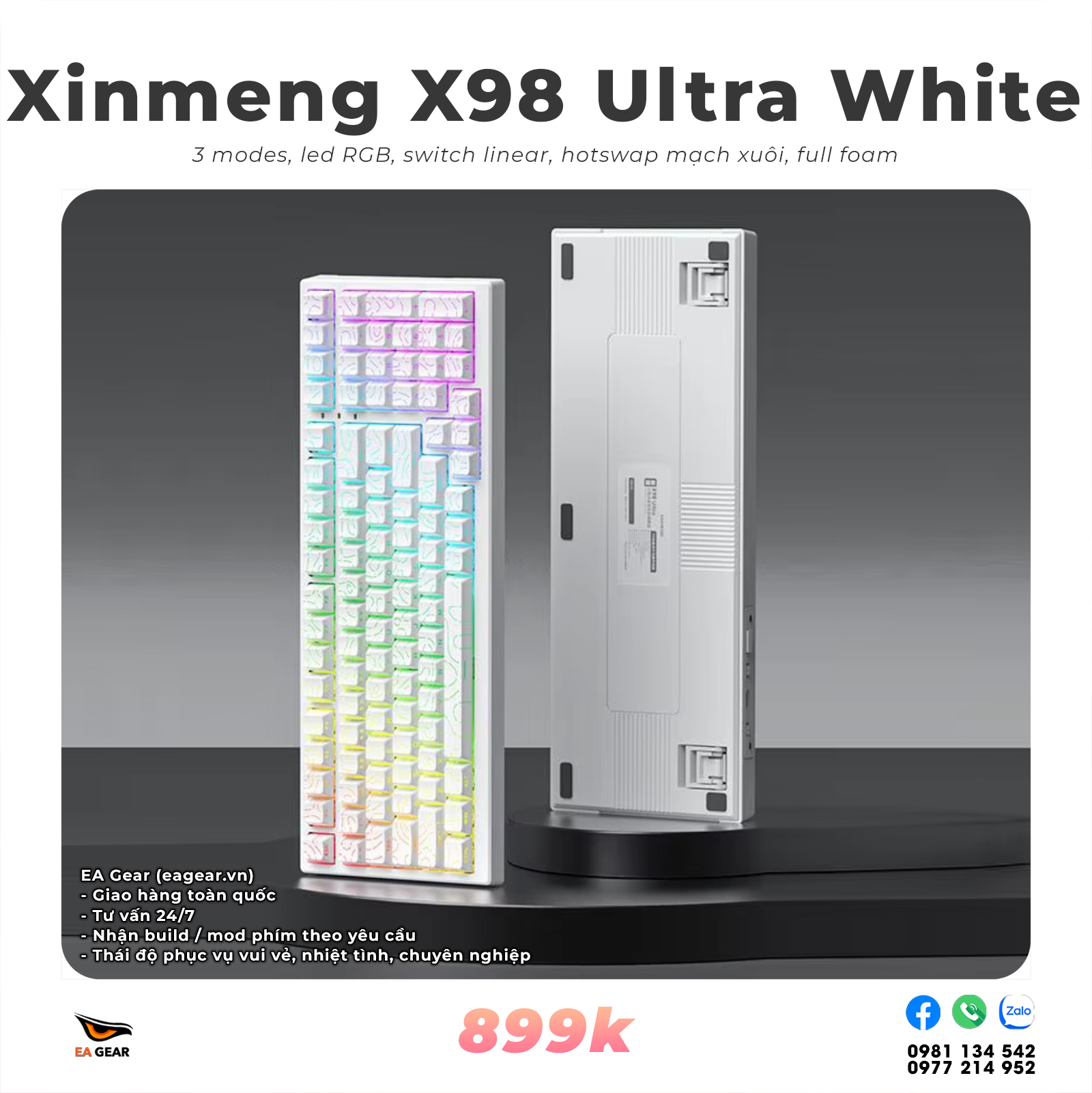 Bàn Phím Cơ Xinmeng X98 Ultra White Topo - 3 modes, hotswap xuôi, RGB, keycap xuyên led