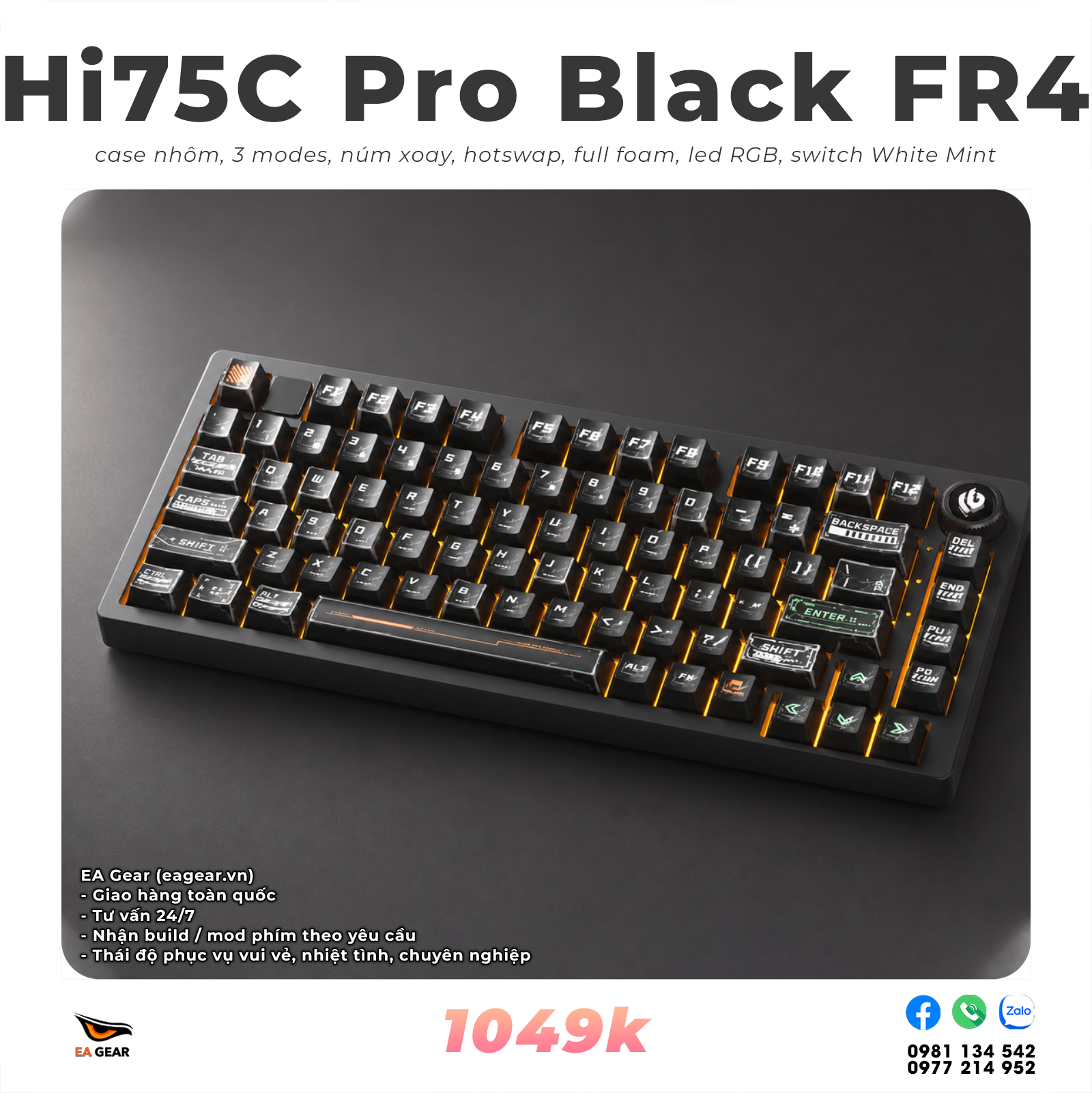 Bàn Phím Cơ Leobog Hi75C Pro Black FR4 (case nhôm, 3 modes, núm xoay, RGB, full foam)