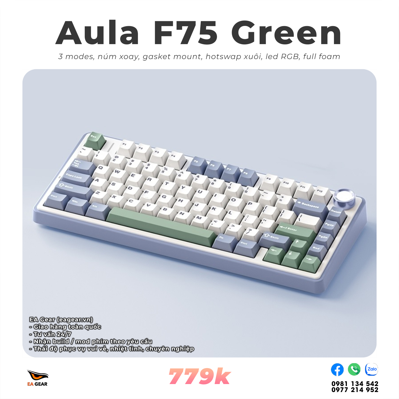 Bàn Phím Cơ Aula F75 - 3 modes, hotswap, núm xoay, gasket mount, led RGB - Màu Green