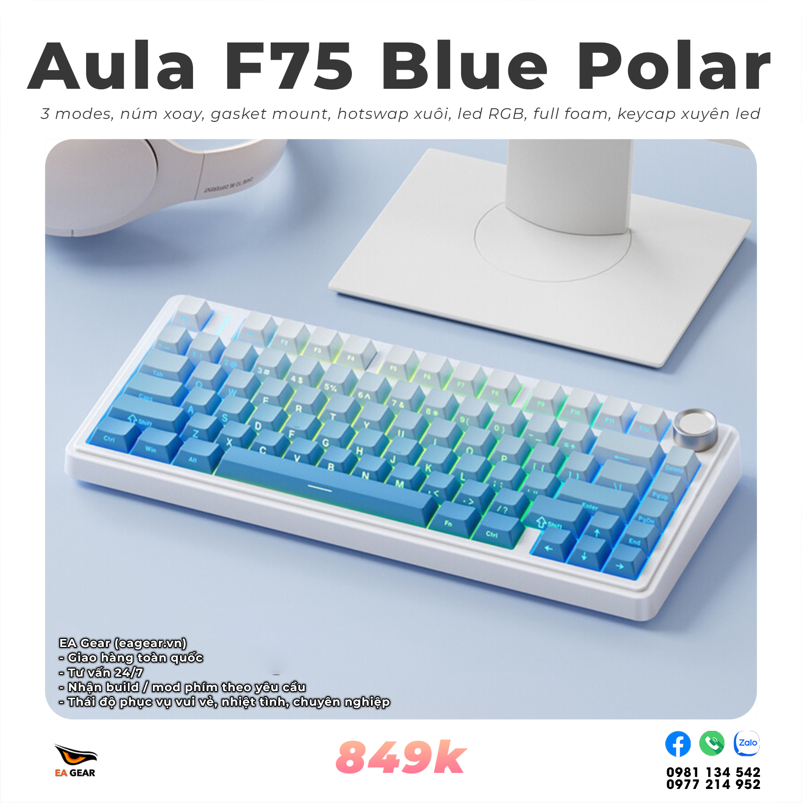 Bàn Phím Cơ Aula F75 - 3 modes, hotswap, núm xoay, gasket mount, led RGB - Màu Polar Blue