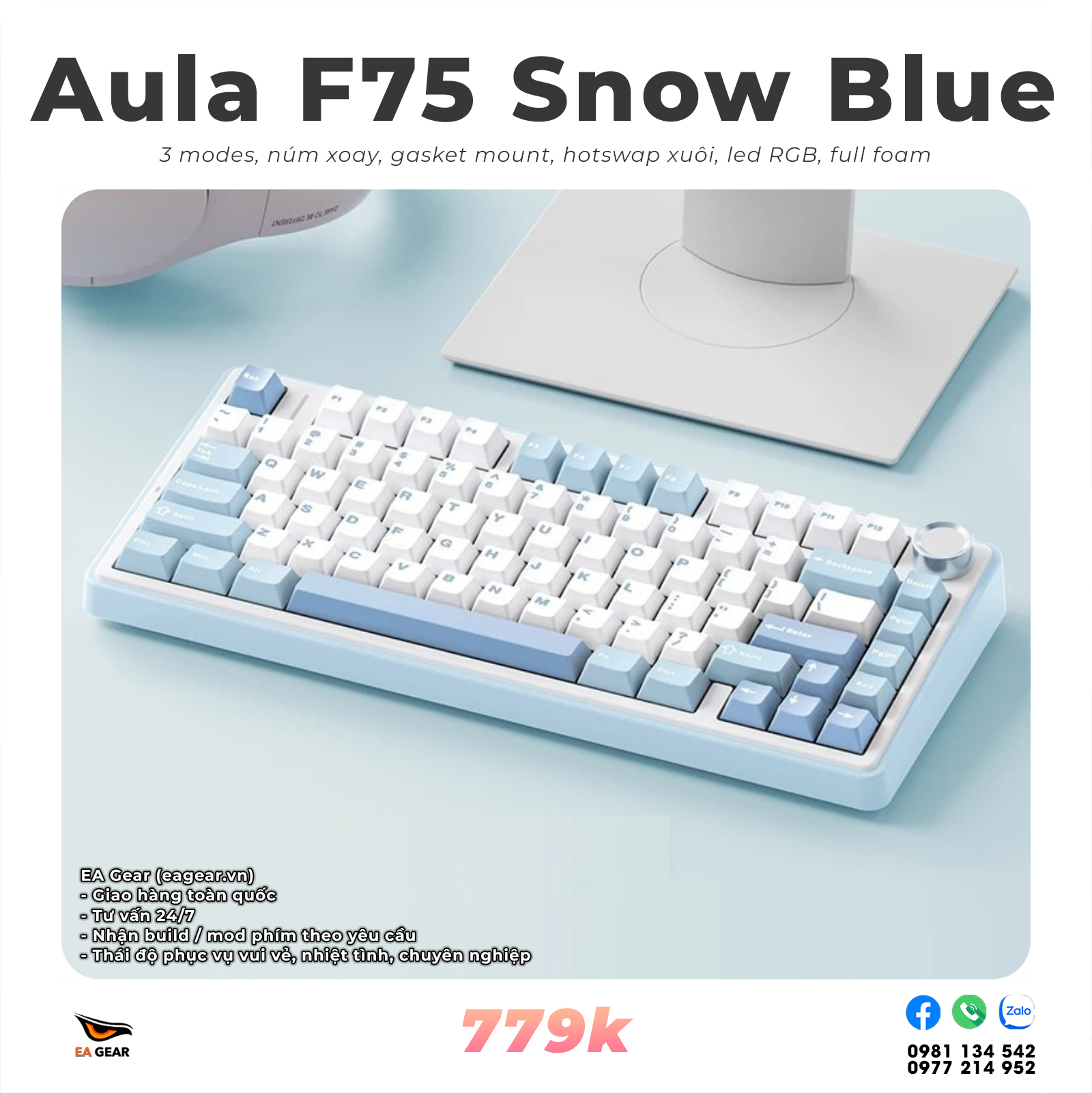 Bàn Phím Cơ Aula F75 - 3 modes, hotswap, núm xoay, gasket mount, led RGB - Màu Snow Blue