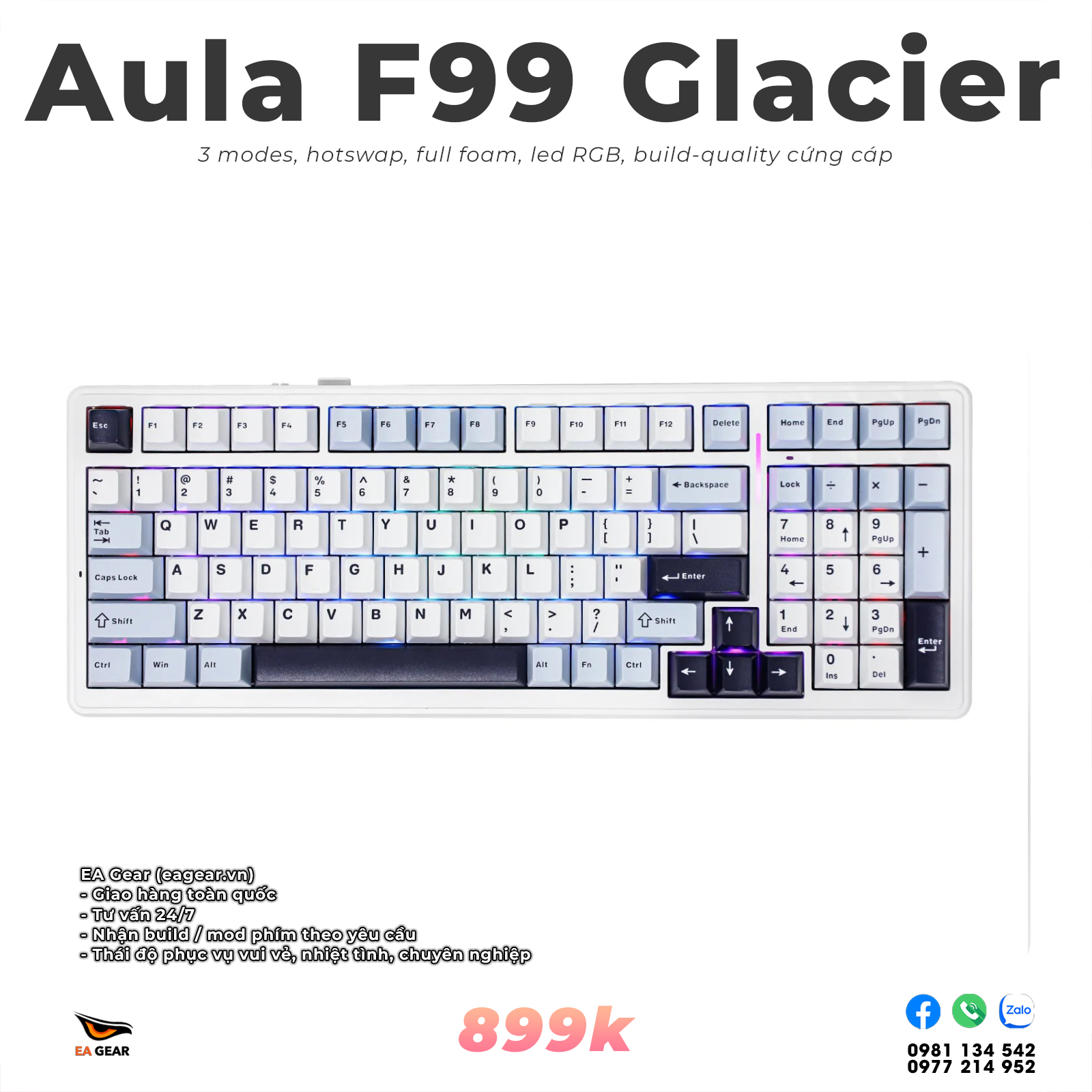 Bàn phím cơ AULA F99 Trắng Glacier RGB 3 Mode – Gasket Mount, Hot Swap, Keycap PBT