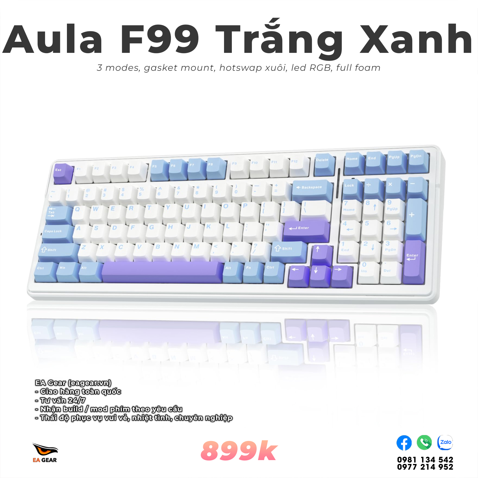 Bàn phím cơ AULA F99 RGB 3 Mode – Gasket Mount, Hot Swap, Keycap PBT