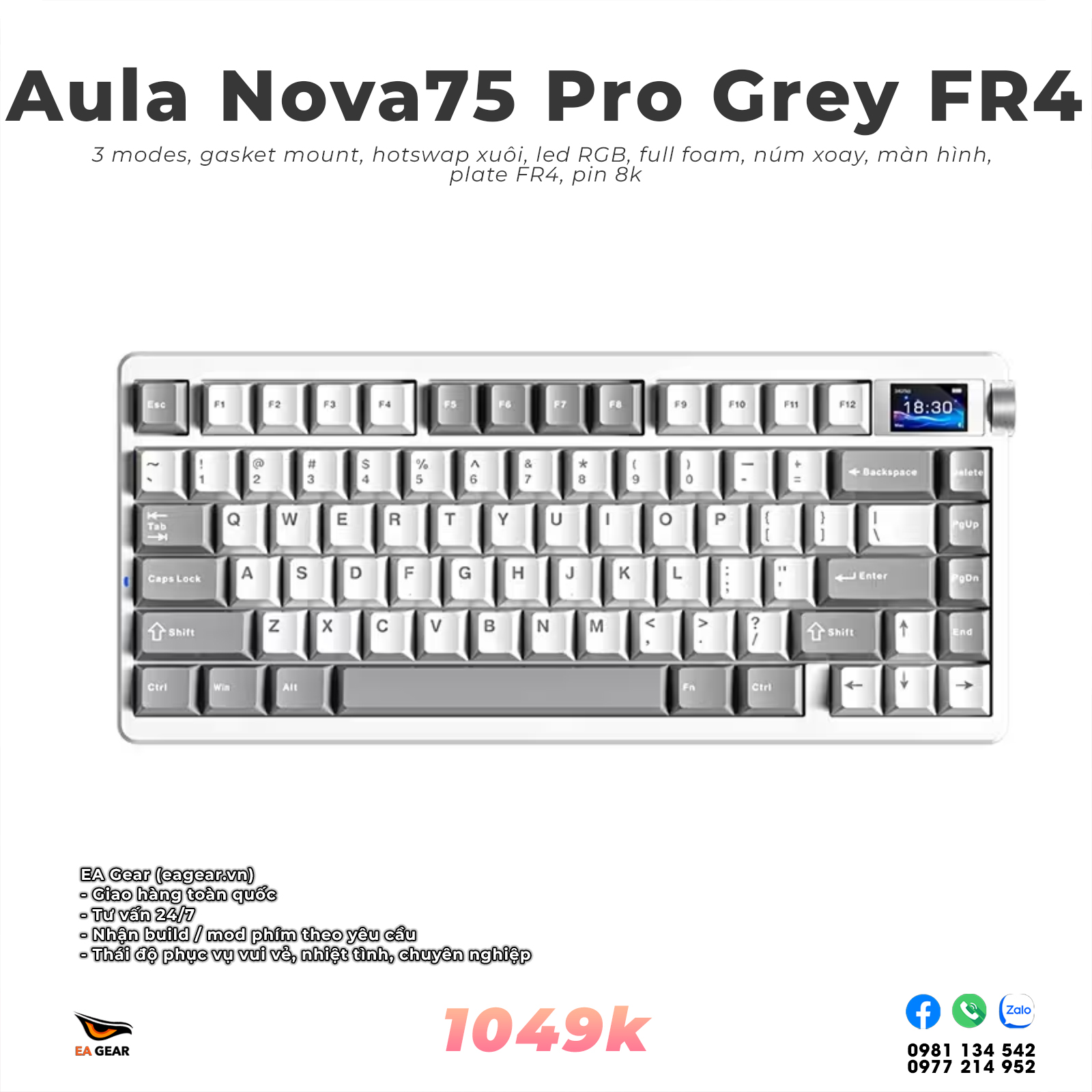 Bàn Phím Cơ Aula Nova75 Pro Grey FR4 (màn hình, núm xoay, full foam, hotswap xuôi, led RGB)