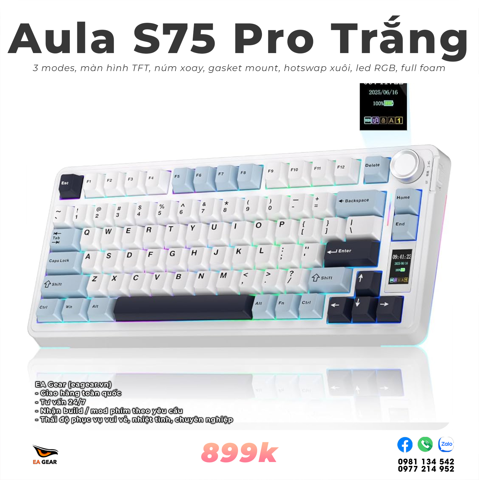 Bàn phím cơ AULA S75 Pro 3 Mode, Màn hình TFT, Gasket Mount, Hotswap 5 Pin - Màu Trắng Glacier