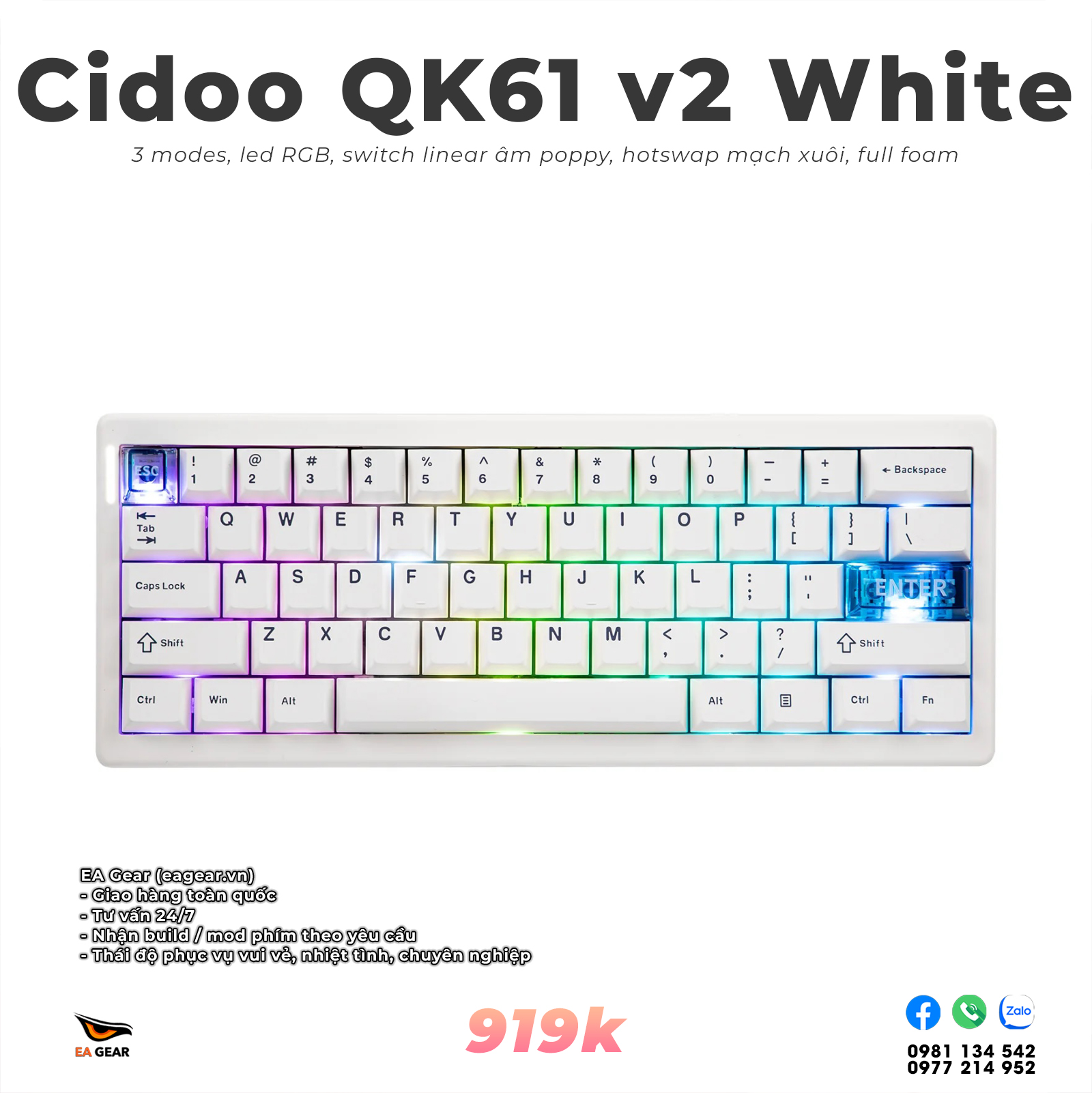 Bàn Phím Cơ Cidoo QK61 V2 White - Bàn Phím Hệ Gõ 60% Best Phân Khúc