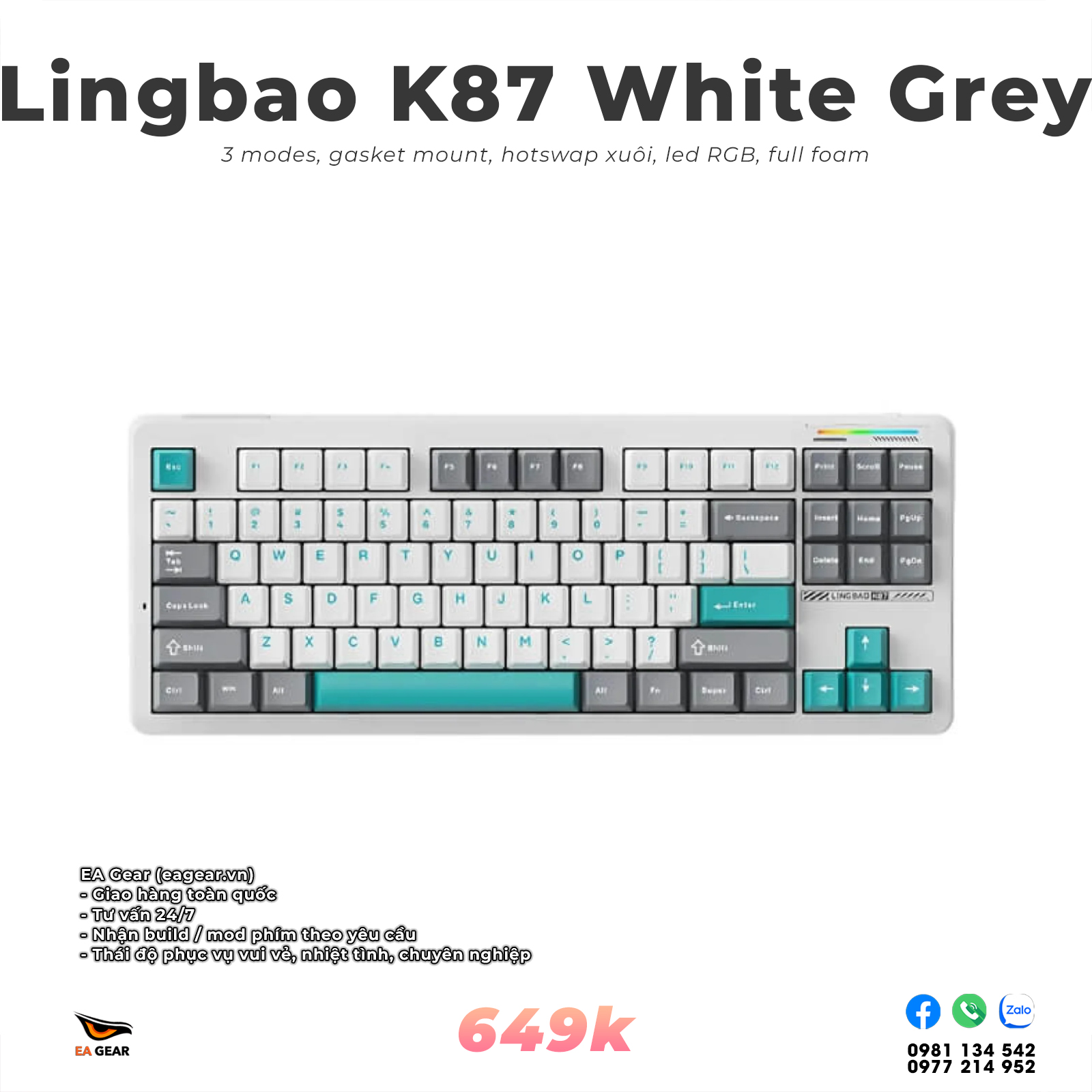 Bàn phím cơ Lingbao K87 TKL 87 phím – Gasket Mount, Hot Swap, RGB, 3 Mode