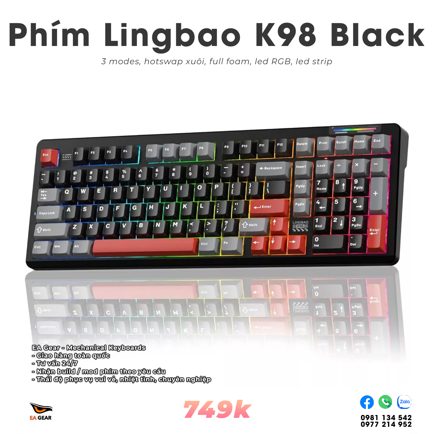 Bàn Phím Cơ Lingbao K98 3 Modes, RGB, Gasket Mount, Hot-swap 5 Pin - Màu Đen