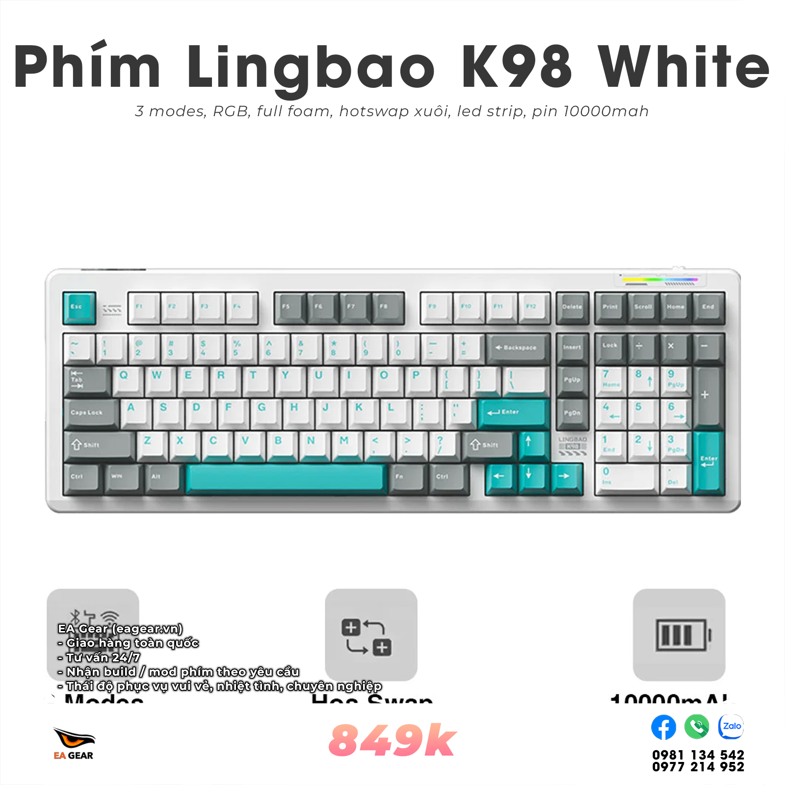 Bàn Phím Cơ Lingbao K98 3 Modes, RGB, Gasket Mount, Hot-swap 5 Pin - Màu Trắng Xanh